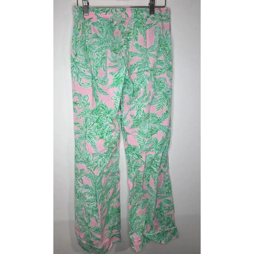 Lilly Pulitzer Pajama Set Pink Green Palm Print Long Sleeve Top Pants Small